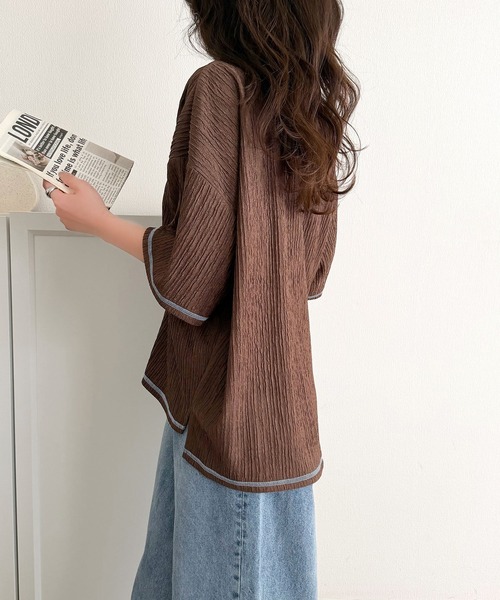 classicalelf(クラシカルエルフ)の「カラーで遊び心をプラス。配色ステッチ楊柳ガゼットトップス (半袖)(Tシャツ/カットソー・レディース・チャコール/ブラウン/ブラック/アイボリー/ブルー・LARGE/MEDIUM/SMALL/X-LARGE)」の14枚目の写真
