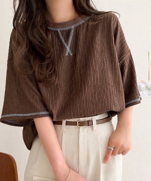 classicalelf(クラシカルエルフ)の「カラーで遊び心をプラス。配色ステッチ楊柳ガゼットトップス (半袖)(Tシャツ/カットソー・レディース・チャコール/ブラウン/ブラック/アイボリー/ブルー・LARGE/MEDIUM/SMALL/X-LARGE)」の6枚目の写真