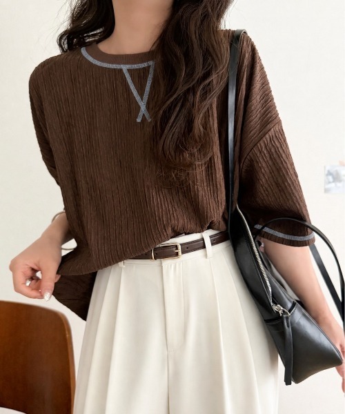 classicalelf(クラシカルエルフ)の「カラーで遊び心をプラス。配色ステッチ楊柳ガゼットトップス (半袖)(Tシャツ/カットソー・レディース・チャコール/ブラウン/ブラック/アイボリー/ブルー・LARGE/MEDIUM/SMALL/X-LARGE)」の7枚目の写真