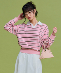 レディースストライプオープンカラーTシャツ-FARG5166B0P