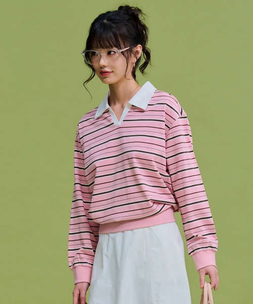 CHASECULT（チェイスカルト）の「レディースストライプオープンカラーTシャツ-FARG5166B0P（ポロシャツ・レディース・PINK・85/90）」の2枚目の写真