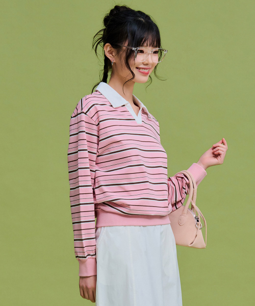 CHASECULT（チェイスカルト）の「レディースストライプオープンカラーTシャツ-FARG5166B0P（ポロシャツ・レディース・PINK・85/90）」の3枚目の写真