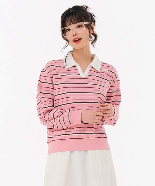 CHASECULT（チェイスカルト）の「レディースストライプオープンカラーTシャツ-FARG5166B0P（ポロシャツ・レディース・PINK・85/90）」の4枚目の写真