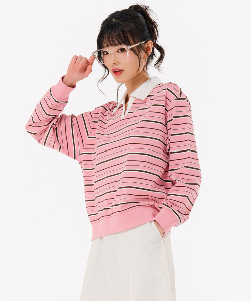 CHASECULT（チェイスカルト）の「レディースストライプオープンカラーTシャツ-FARG5166B0P（ポロシャツ・レディース・PINK・85/90）」の5枚目の写真