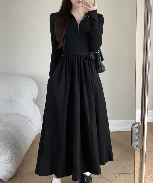SallyLunn(サリーラン)の「ハーフジップ切替フレアワンピース(ワンピース・レディース・ブラック・LARGE/MEDIUM)」の1枚目の写真
