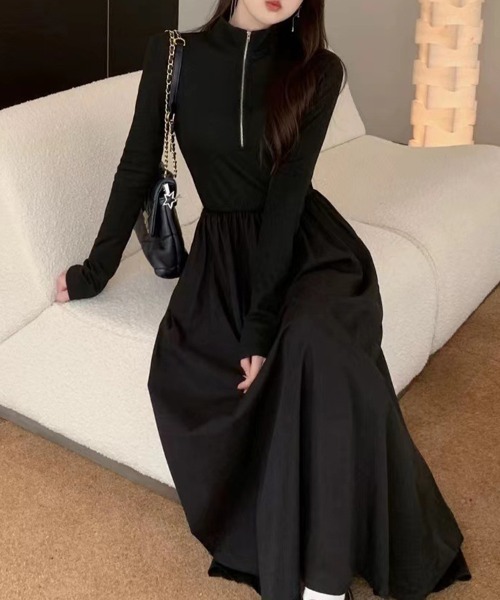 SallyLunn(サリーラン)の「ハーフジップ切替フレアワンピース(ワンピース・レディース・ブラック・LARGE/MEDIUM)」の2枚目の写真