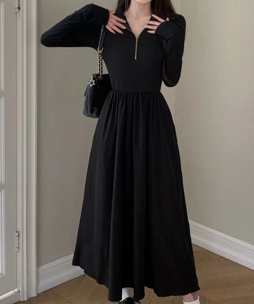 SallyLunn(サリーラン)の「ハーフジップ切替フレアワンピース(ワンピース・レディース・ブラック・LARGE/MEDIUM)」の4枚目の写真