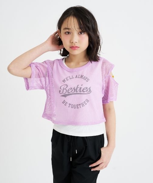 PINK-latte（ピンクラテ）の「【セットアイテム】肩あきメッシュ半袖T＋タンクセット（Tシャツ/カットソー・キッズ・ラベンダー/オフホワイト/ブラック/サックスブルー・120cm/140cm/130cm/160cm/150cm）」の4枚目の写真