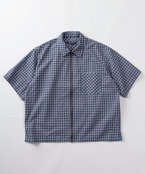 SlashDate（スラッシュデイト）の「【82】ショート丈  フロントジップ チェック 半袖シャツ/ユニセックス/レディース/メンズ（シャツ/ブラウス・メンズ・ブラック/ブルー/レッド・M/L）」の4枚目の写真