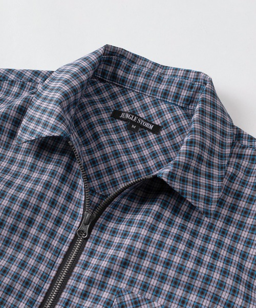 SlashDate（スラッシュデイト）の「【82】ショート丈  フロントジップ チェック 半袖シャツ/ユニセックス/レディース/メンズ（シャツ/ブラウス・メンズ・ブラック/ブルー/レッド・M/L）」の6枚目の写真