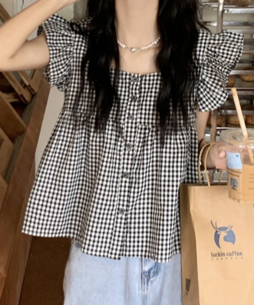 Teem Store(チームストア)の「ギンガムチェック袖フリルデザインスクエアネックシャツトップス ブラウス(シャツ/ブラウス・レディース・ブラック・M/S)」の5枚目の写真