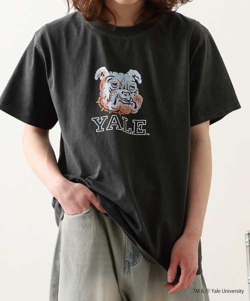 CALIFORNIA HAVE A NICE TIME !（カリフォルニアハブァナイスタイム）の「YALE COLLEGE PIGMENT T-SHIRT 厚手 6.6oz クルーネック ユニセックス コットン100%（Tシャツ/カットソー・メンズ・ブラック・M/L/XL）」の4枚目の写真