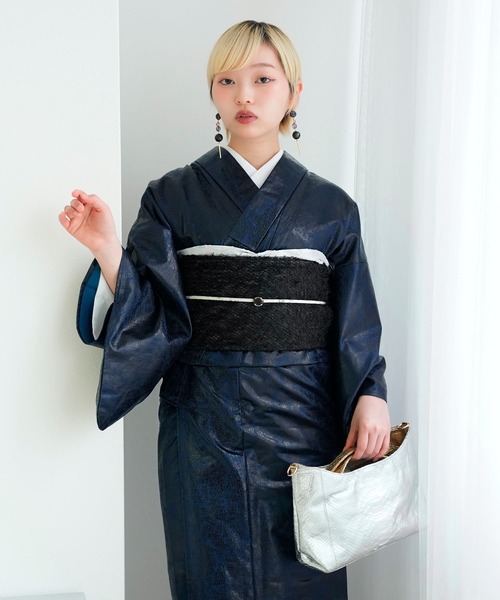 着物 単衣 ニコアンティーク レザー調きもの ネイビー×黒（着物