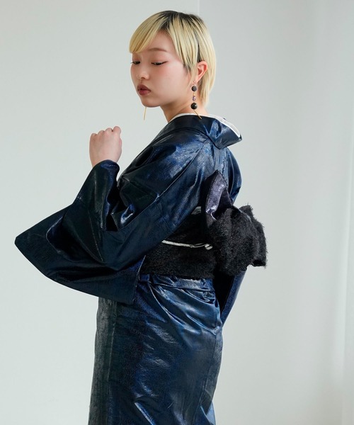 着物 単衣 ニコアンティーク レザー調きもの ネイビー×黒（着物