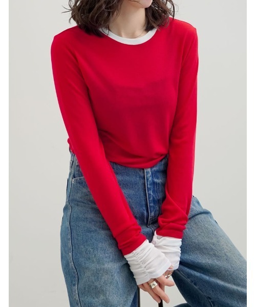 Re:EDIT(リエディ)の「配色レイヤードライクシアーフライストップス(Tシャツ/カットソー・レディース・レッド/ホワイト/ピンク/グレー/ブラック・MEDIUM/LARGE)」の19枚目の写真