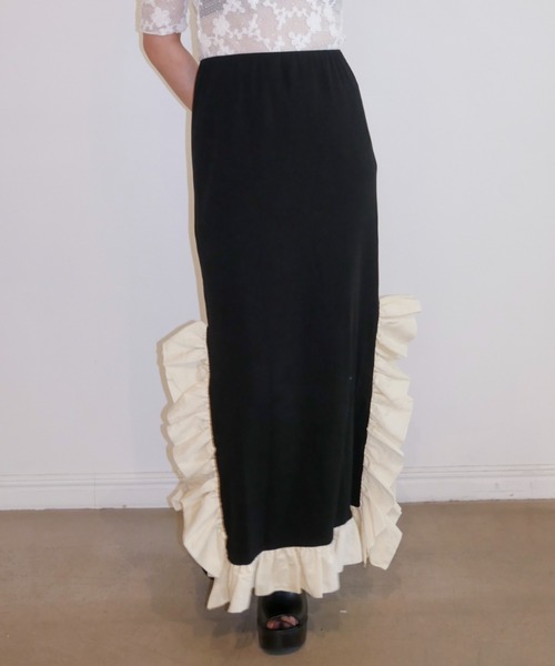 HONEY MI HONEY(ハニーミーハニー)の「rib frill long skirt(スカート・レディース・ブラック×ホワイト/ホワイト/ブラック/グレー・FREE)」の3枚目の写真