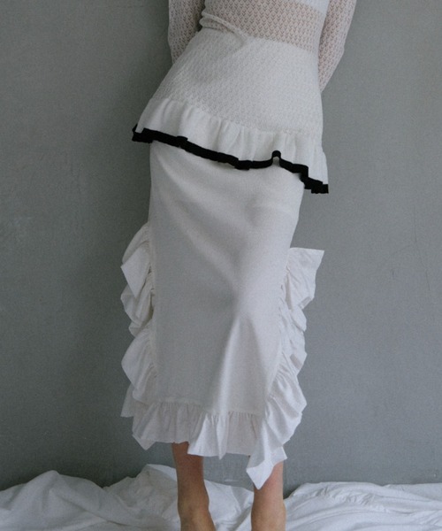 HONEY MI HONEY(ハニーミーハニー)の「rib frill long skirt(スカート・レディース・ブラック×ホワイト/ホワイト/ブラック/グレー・FREE)」の1枚目の写真
