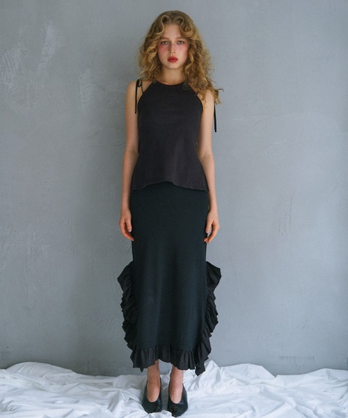 HONEY MI HONEY(ハニーミーハニー)の「rib frill long skirt(スカート・レディース・ブラック×ホワイト/ホワイト/ブラック/グレー・FREE)」の6枚目の写真