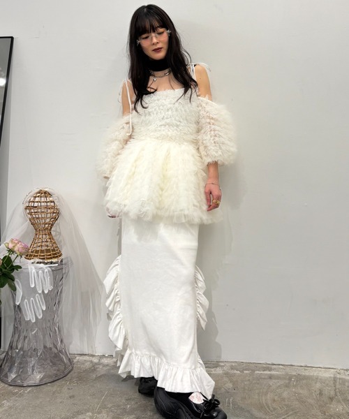 HONEY MI HONEY(ハニーミーハニー)の「rib frill long skirt(スカート・レディース・ブラック×ホワイト/ホワイト/ブラック/グレー・FREE)」の13枚目の写真