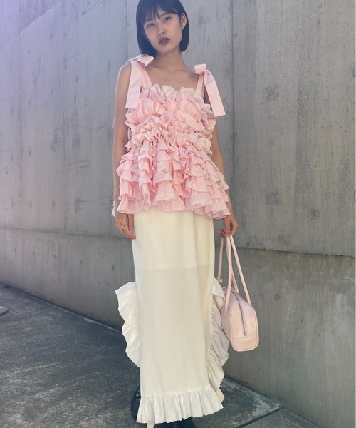 HONEY MI HONEY(ハニーミーハニー)の「rib frill long skirt(スカート・レディース・ブラック×ホワイト/ホワイト/ブラック/グレー・FREE)」の15枚目の写真