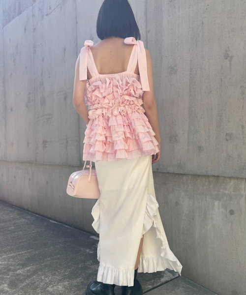 HONEY MI HONEY(ハニーミーハニー)の「rib frill long skirt(スカート・レディース・ブラック×ホワイト/ホワイト/ブラック/グレー・FREE)」の16枚目の写真