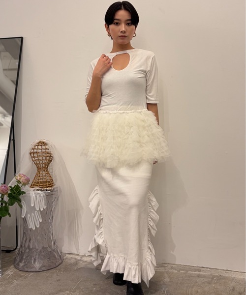 HONEY MI HONEY(ハニーミーハニー)の「rib frill long skirt(スカート・レディース・ブラック×ホワイト/ホワイト/ブラック/グレー・FREE)」の17枚目の写真