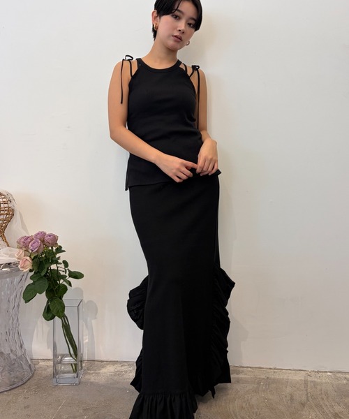 HONEY MI HONEY(ハニーミーハニー)の「rib frill long skirt(スカート・レディース・ブラック×ホワイト/ホワイト/ブラック/グレー・FREE)」の10枚目の写真