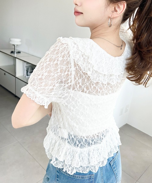 moment+(モーメントプラス)の「ダブルフリルレース半袖トップス(Tシャツ/カットソー・レディース・オフホワイト/ブラック/ナチュラル・M)」の15枚目の写真