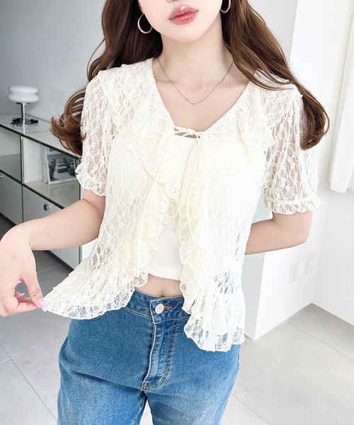 moment+(モーメントプラス)の「ダブルフリルレース半袖トップス(Tシャツ/カットソー・レディース・オフホワイト/ブラック/ナチュラル・M)」の5枚目の写真