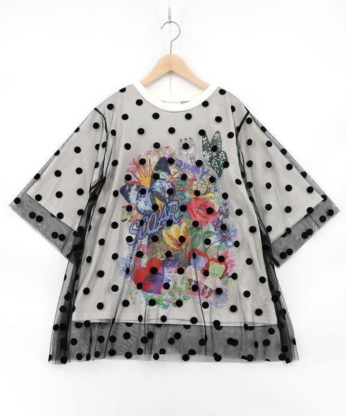 ScoLar(スカラー)の「162630:ドットチュール重ねアート柄Tシャツ(Tシャツ/カットソー・レディース・イエロー/チャコールグレー/オフホワイト・M)」の2枚目の写真