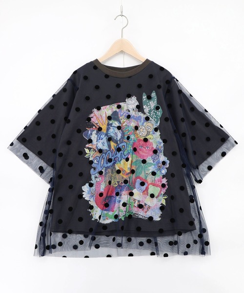 ScoLar(スカラー)の「162630:ドットチュール重ねアート柄Tシャツ(Tシャツ/カットソー・レディース・イエロー/チャコールグレー/オフホワイト・M)」の3枚目の写真