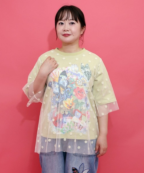 ScoLar(スカラー)の「162630:ドットチュール重ねアート柄Tシャツ(Tシャツ/カットソー・レディース・イエロー/チャコールグレー/オフホワイト・M)」の1枚目の写真
