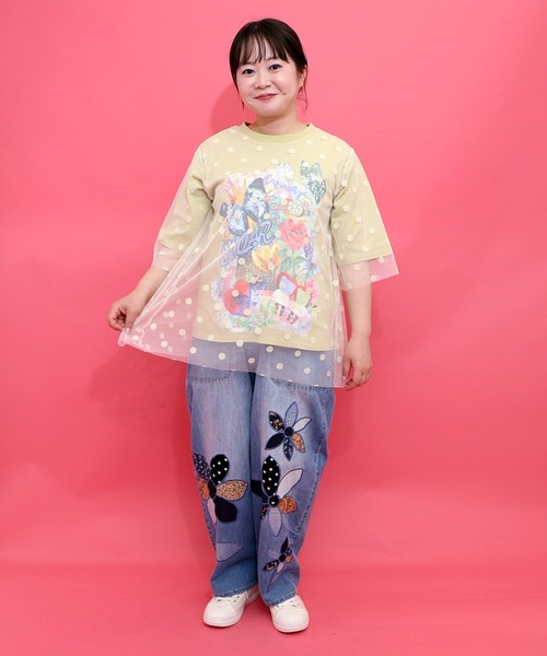 ScoLar(スカラー)の「162630:ドットチュール重ねアート柄Tシャツ(Tシャツ/カットソー・レディース・イエロー/チャコールグレー/オフホワイト・M)」の4枚目の写真