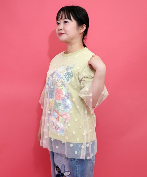 ScoLar(スカラー)の「162630:ドットチュール重ねアート柄Tシャツ(Tシャツ/カットソー・レディース・イエロー/チャコールグレー/オフホワイト・M)」の6枚目の写真
