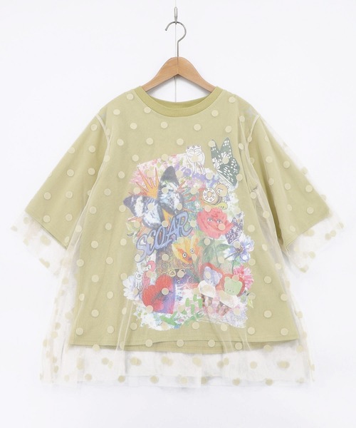 ScoLar(スカラー)の「162630:ドットチュール重ねアート柄Tシャツ(Tシャツ/カットソー・レディース・イエロー/チャコールグレー/オフホワイト・M)」の12枚目の写真