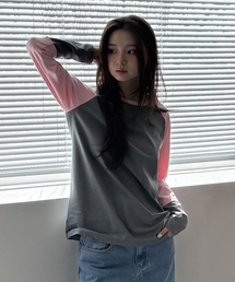chancechance | CEC LAYERED STRIPED SLEEVE LABEL L/S(CHARCOAL PINK)(Tシャツ/カットソー)