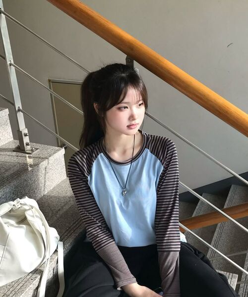 chancechance(チャンスチャンス)の「CEC LAYERED STRIPED SLEEVE LABEL L/S(CHARCOAL PINK)(Tシャツ/カットソー・レディース・その他・FREE)」の9枚目の写真