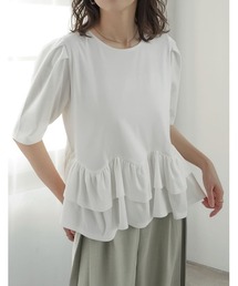 [接触冷感][UVカット][アンチピリング]ランダムフリルヘム半袖Tシャツ