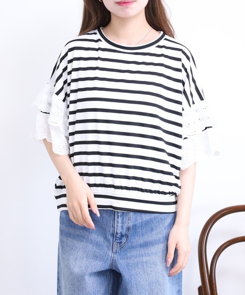 crossi(クロッシー)の「袖レース切替ボーダーカットソー クロップド プルオーバー(Tシャツ/カットソー・レディース・ブラック・FREE)」の9枚目の写真