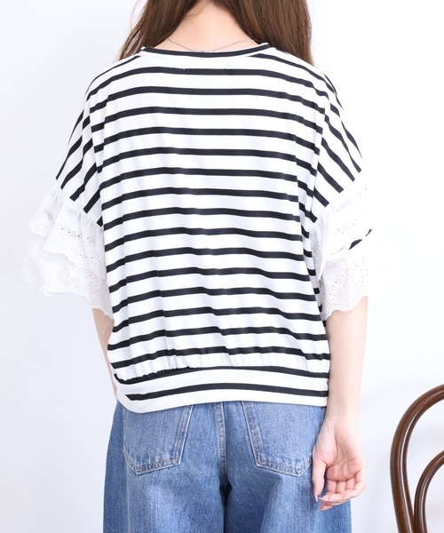 crossi(クロッシー)の「袖レース切替ボーダーカットソー クロップド プルオーバー(Tシャツ/カットソー・レディース・ブラック・FREE)」の10枚目の写真