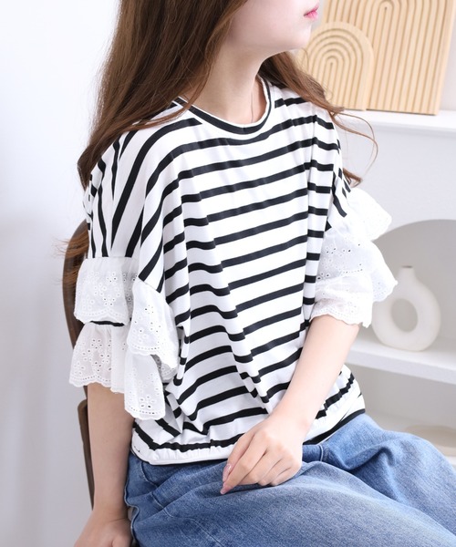 crossi(クロッシー)の「袖レース切替ボーダーカットソー クロップド プルオーバー(Tシャツ/カットソー・レディース・ブラック・FREE)」の6枚目の写真