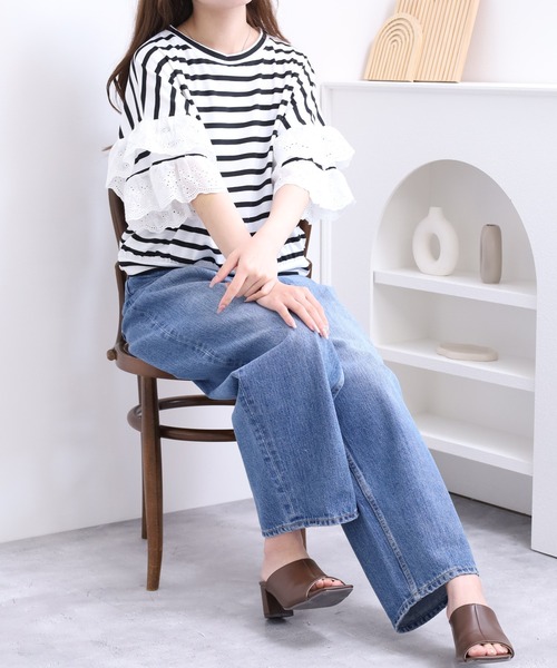 crossi(クロッシー)の「袖レース切替ボーダーカットソー クロップド プルオーバー(Tシャツ/カットソー・レディース・ブラック・FREE)」の7枚目の写真