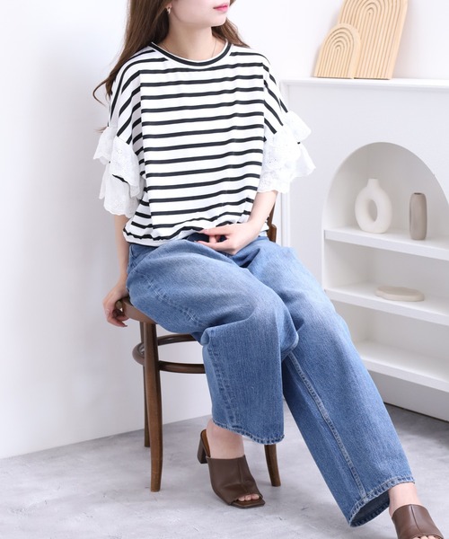 crossi(クロッシー)の「袖レース切替ボーダーカットソー クロップド プルオーバー(Tシャツ/カットソー・レディース・ブラック・FREE)」の8枚目の写真