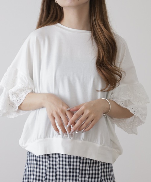 crossi(クロッシー)の「袖レース切替ボーダーカットソー クロップド プルオーバー(Tシャツ/カットソー・レディース・ブラック・FREE)」の14枚目の写真