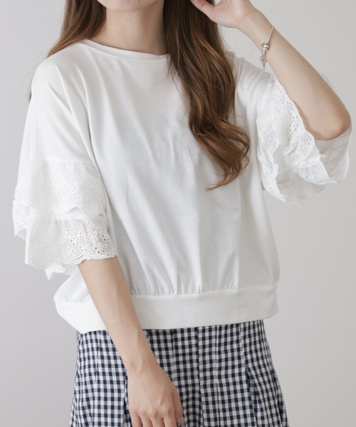 crossi(クロッシー)の「袖レース切替ボーダーカットソー クロップド プルオーバー(Tシャツ/カットソー・レディース・ブラック・FREE)」の16枚目の写真