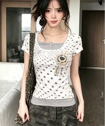 水玉模様のフェイク2ピース半袖Tシャツ