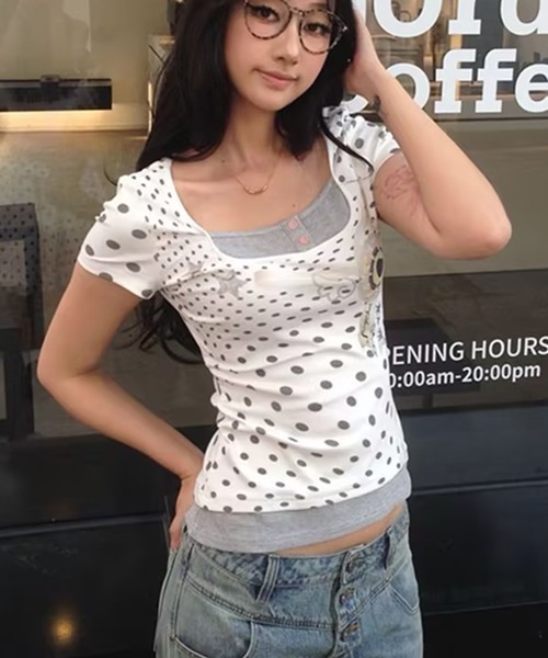 AsheKsha(アシクシャ)の「水玉模様のフェイク2ピース半袖Tシャツ(Tシャツ/カットソー・レディース・ホワイト・M)」の10枚目の写真