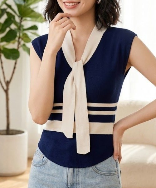 AMAJI(アマジ)の「バイカラー Vネック サマーニットトップス(ニット/セーター・レディース・ネイビー・SMALL/MEDIUM)」の2枚目の写真