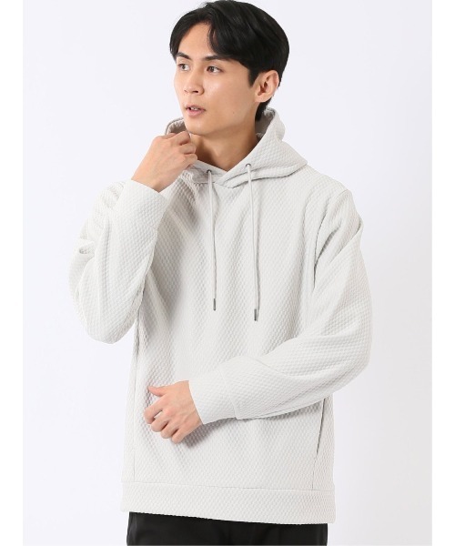m.f.editorial（エムエフエディトリアル）の「プルオーバー パーカー メンズ 長袖 ストレッチ ハニカム ジャガード プルパーカー フーディー（パーカー・メンズ・ボルドー/グレー系その他2/ライトグレー/ネイビー・LARGE/MEDIUM/X-LARGE）」の2枚目の写真