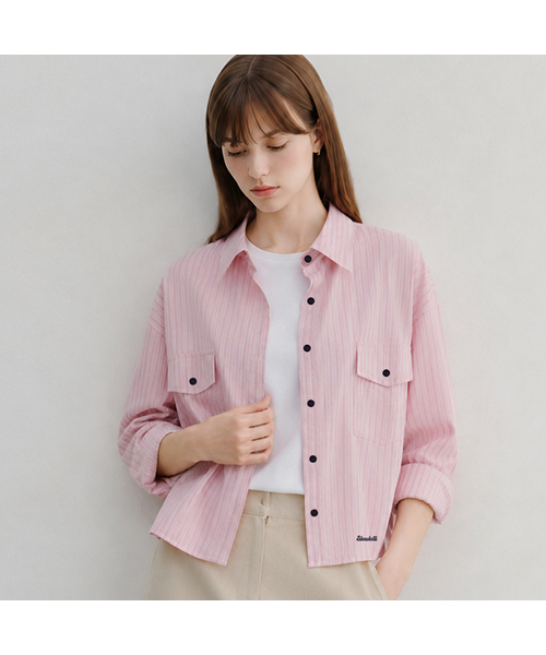 SLOWLOLLI(スローローリ)の「Cielo crop stripe shirt_4 Colors(シャツ/ブラウス・レディース・ベージュ/カーキ/ブルー/PINK・FREE)」の4枚目の写真